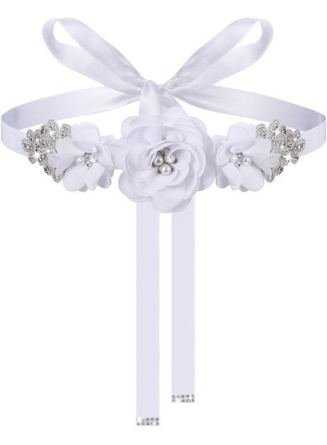 Glitopper Wedding Bridal Belt Sash with Flower Rhinestone Pearl for Bride Bridesmaid Maternity Flower Dress(White) - Image 1